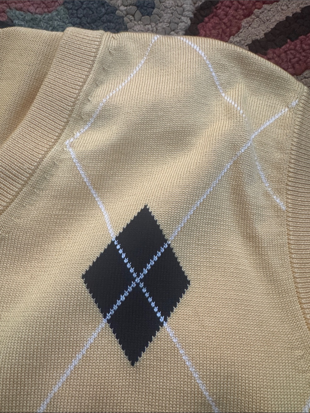 Brooks Brothers Yellow Argyle V-Neck Sweater Vest with Black Diamond Pattern